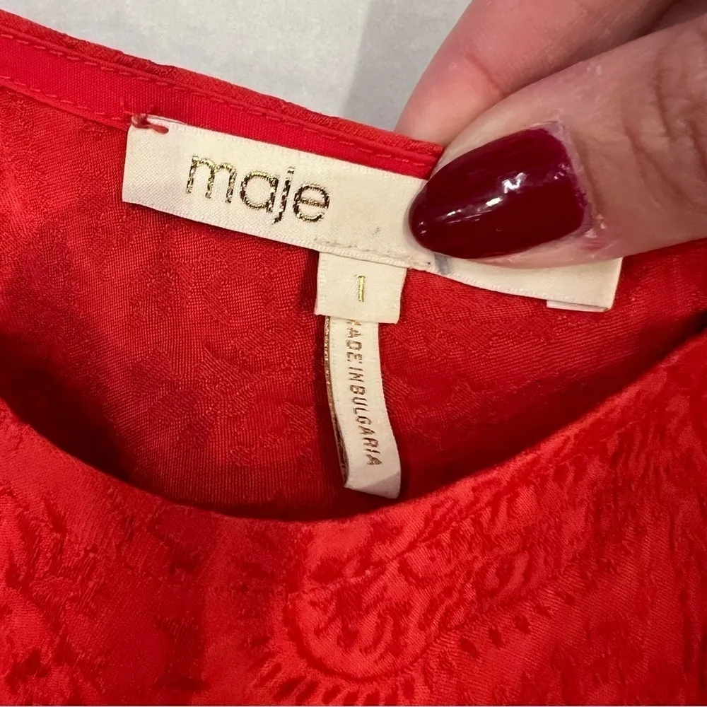 $440 Maje Red Floral Jacquard Rahima Rouge Faux Wrap Dress size 1/Small Mini - Image 9