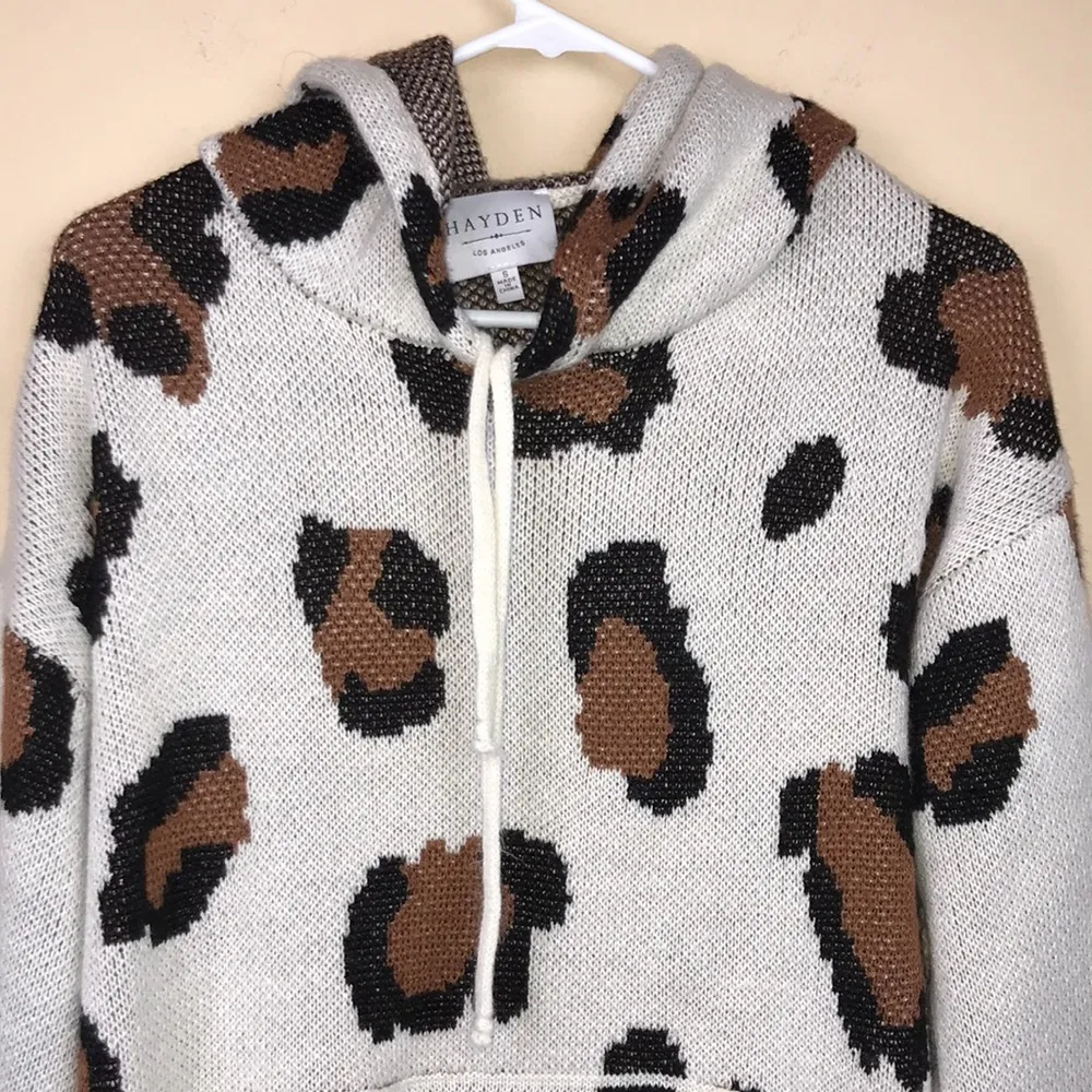 Hayden Los Angeles Women’s Leopard Print Distressed Raw Oversized Hooded Sweater - Image 2