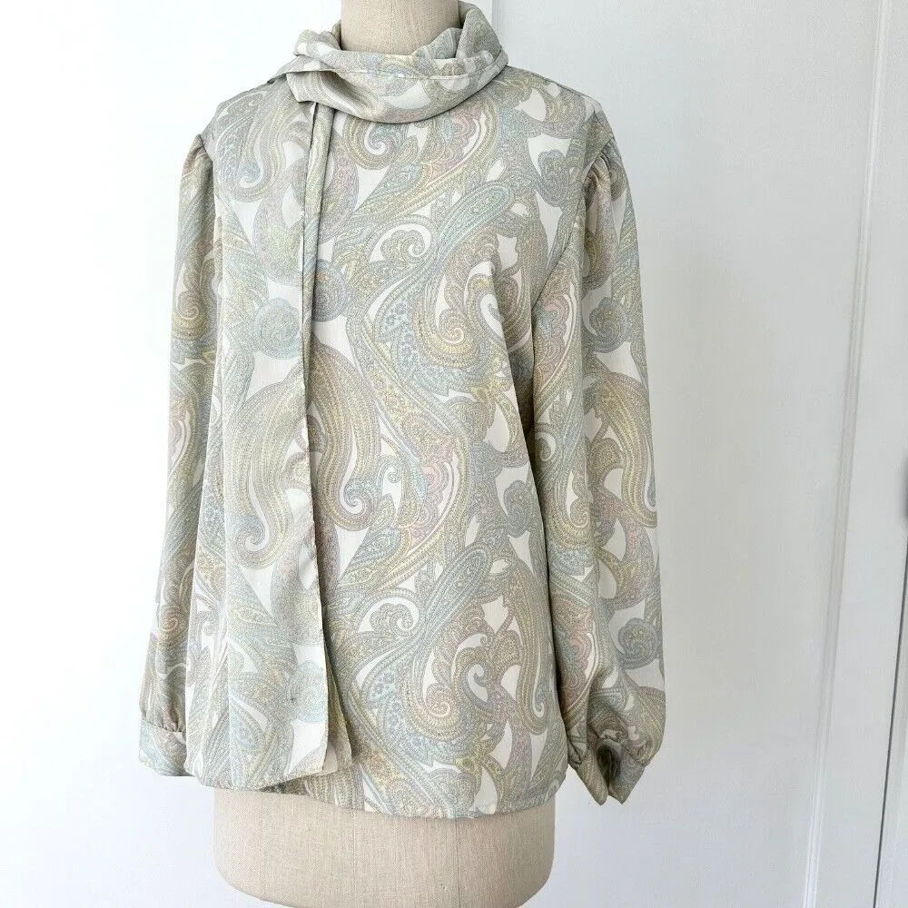 Vintage Paisley Blouse Long Sleeve Button Career Silk Scarf‎ Top Size 10 Pastel Tan - Image 7