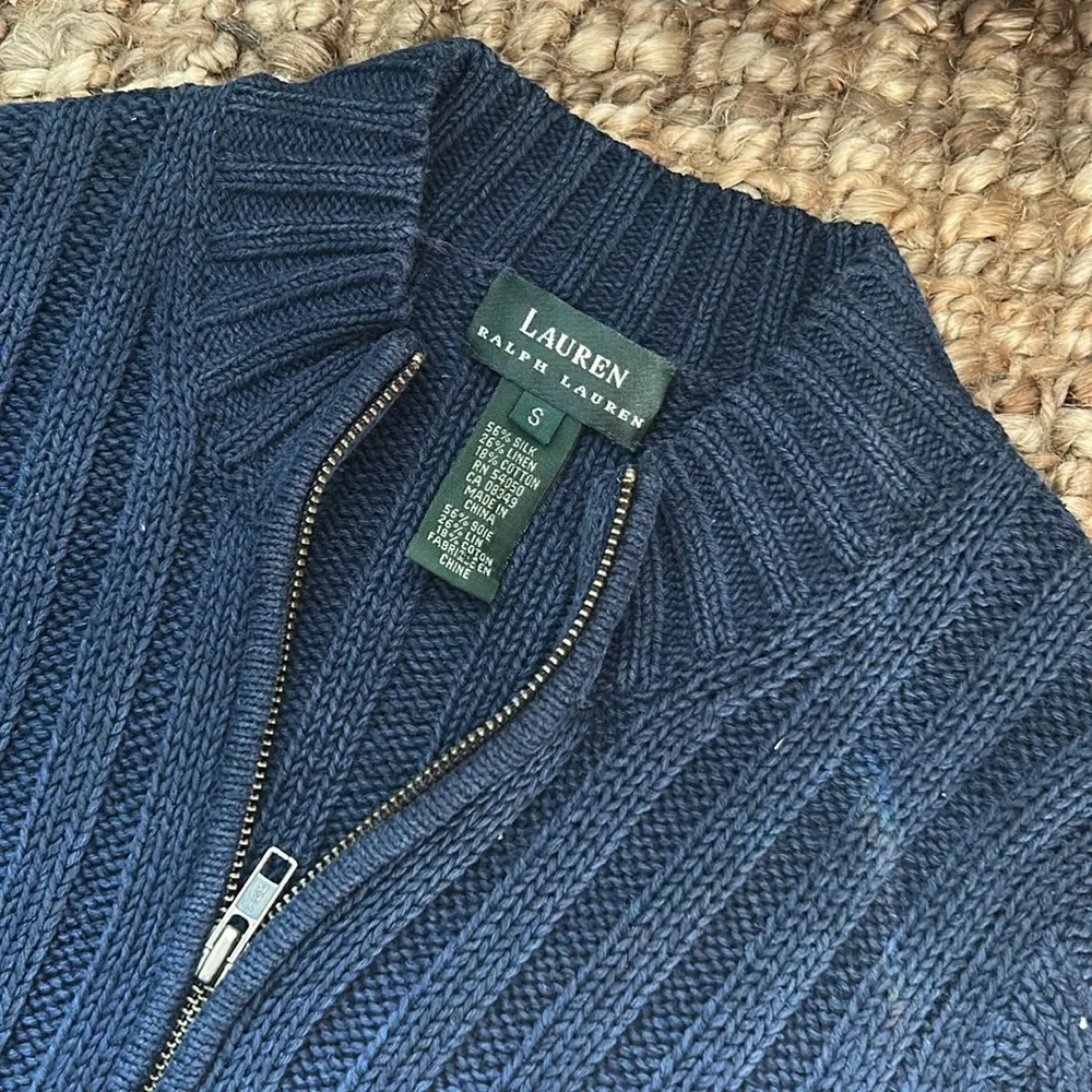 Ralph Lauren Navy Silk Linen Blend Zip Up Knit Sweater Size Small - Image 3
