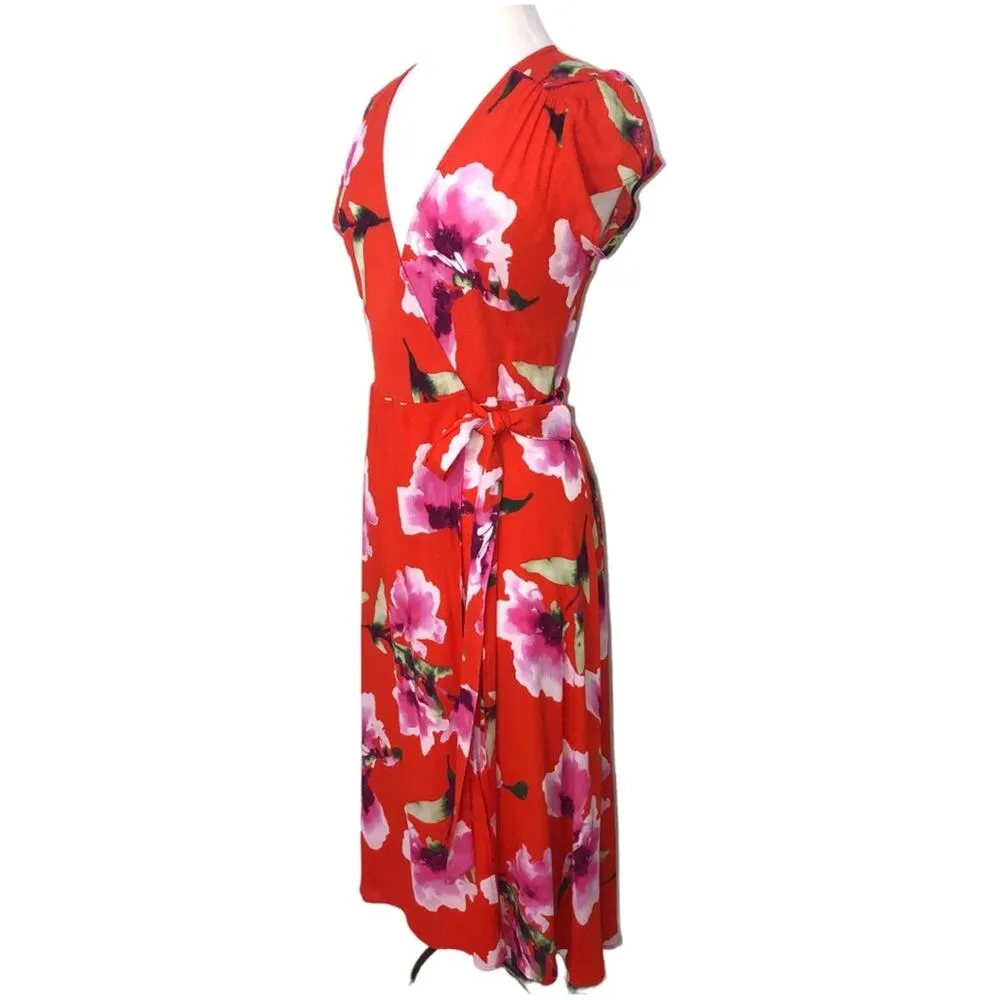 Lulus Red Love Will Travel Floral Tropical Short Sleeve Wrap Dress Small EUC - Image 2