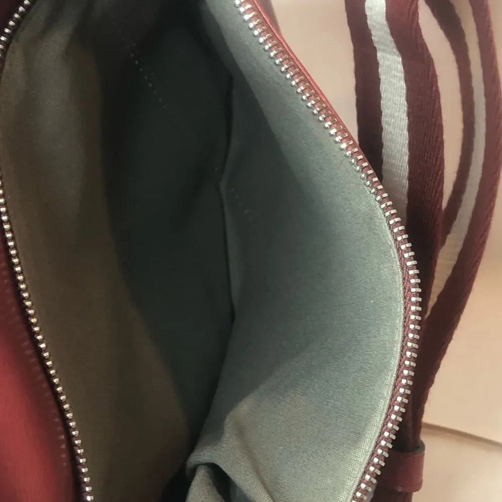 BALLY Red Leather Top Zip Crossbody Shoulder Bag w/ Red White Striped Strap EUC - Image 6