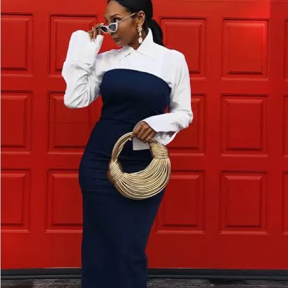 Zara Strapless Denim Maxi Dress Blue Women’s Medium Bodycon Zipper Slit Hem - Image 3