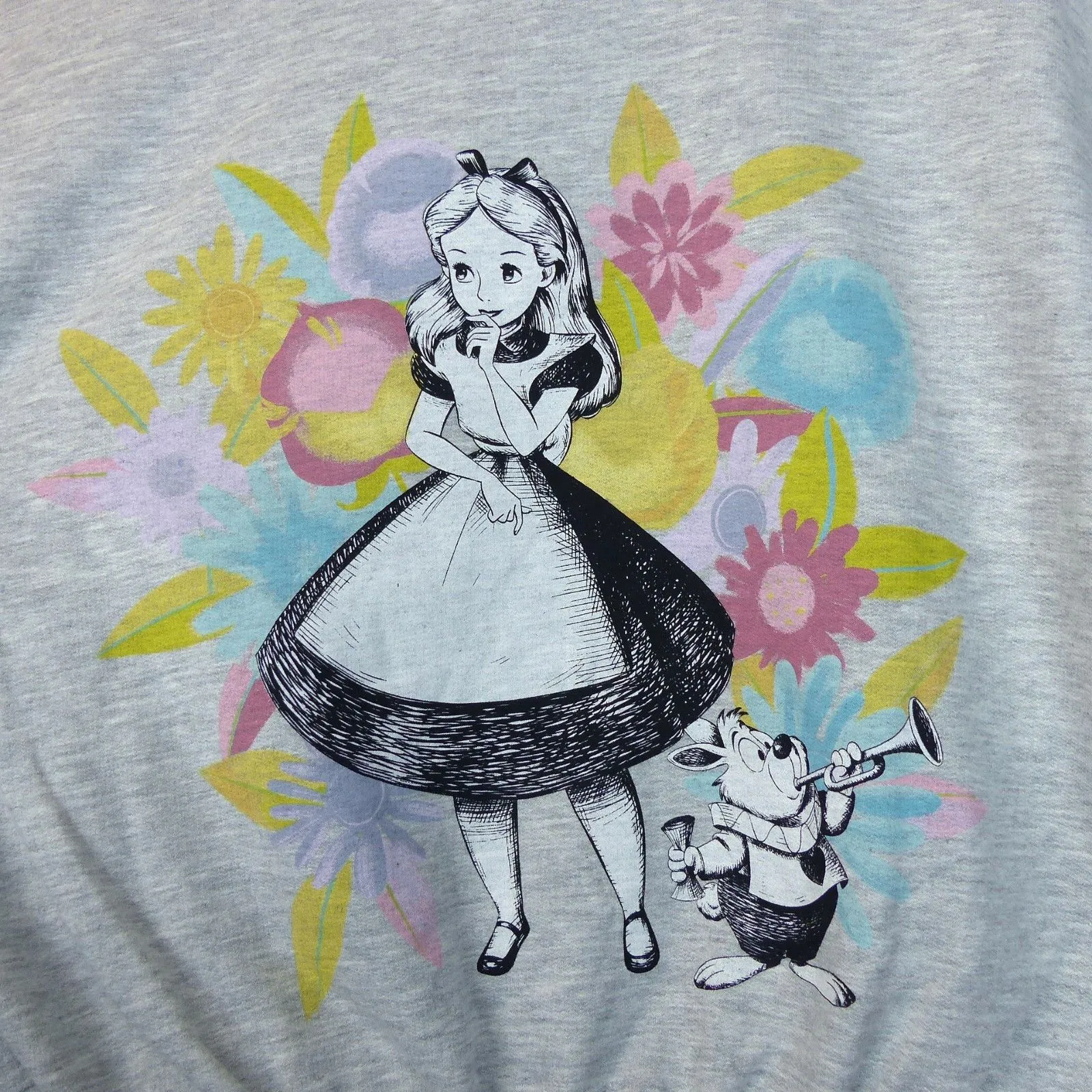 Disney Alice in Wonderland Sweatshirt Women L Gray Floral Graphic Crew Pullover - Image 4
