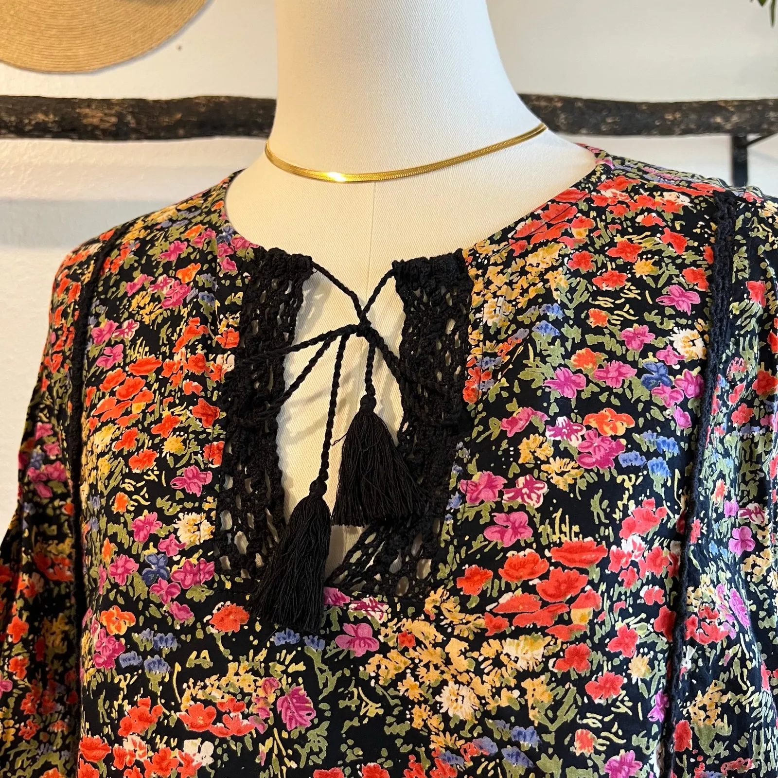 90s Black Moody Floral Print Cotton Crochet Indie Blouse Size 14 India Made Size L - Image 2
