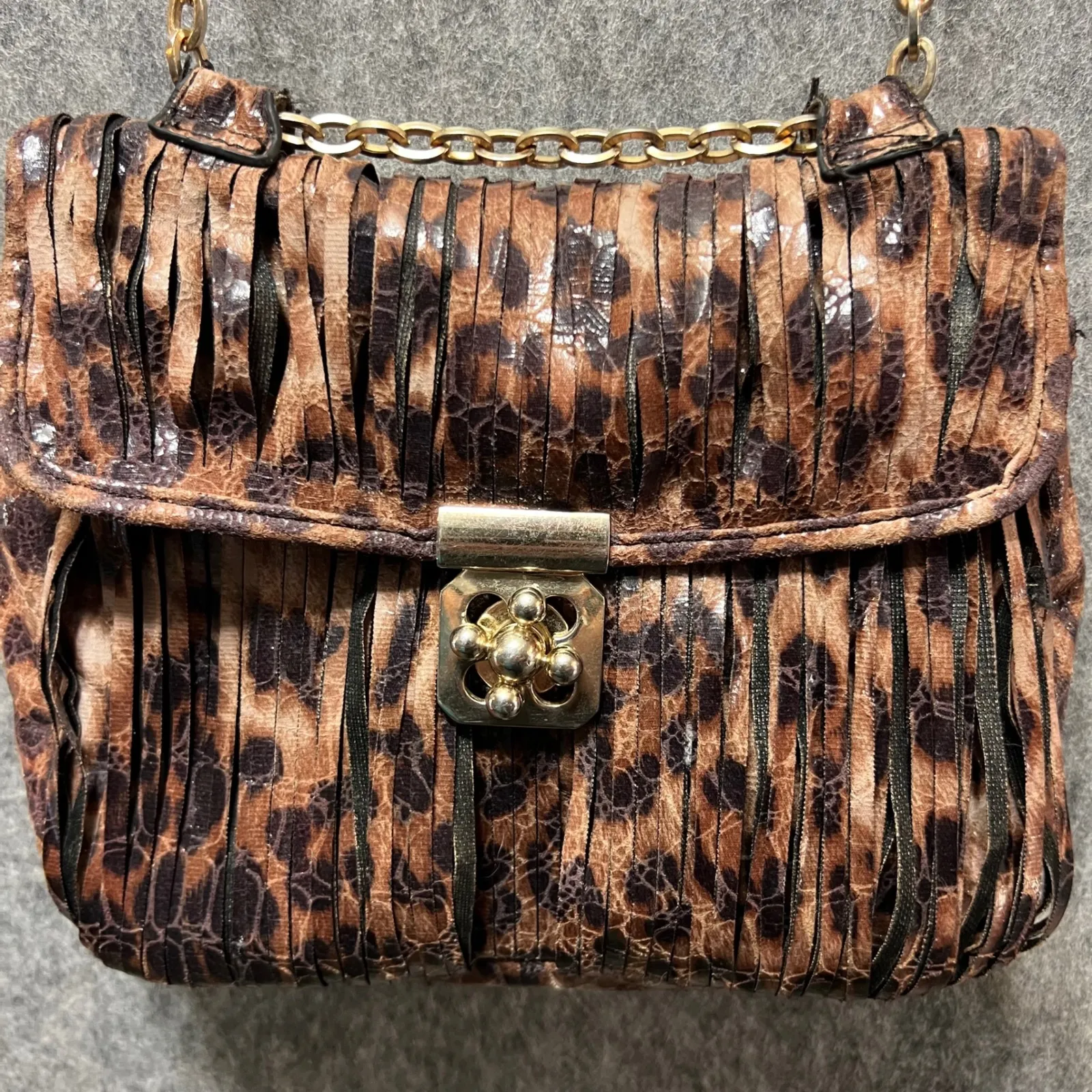 Chico's Animal Print Crossbody Bag Chain Strap Purse Faux‎ Leather Fringe - Image 2