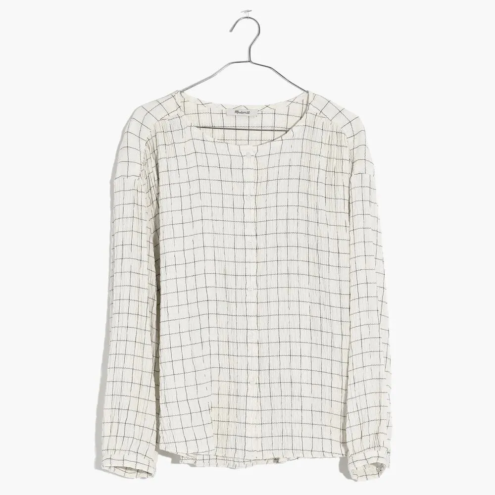 Madewell White Checkered Plaid Button Down Long Sleeve Crop Top Blouse Shirt S - Image 8