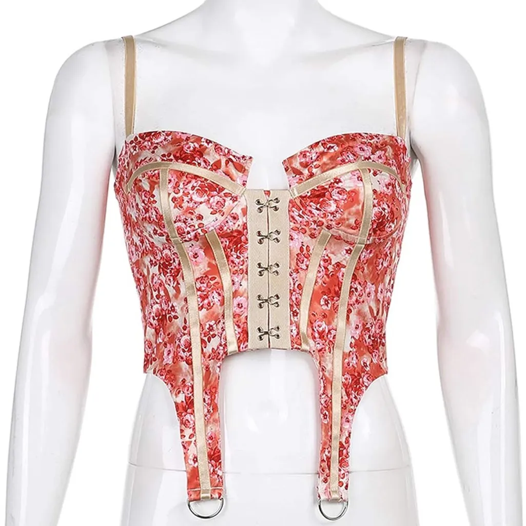 Floral Tapestry Print Coquette Fairycore Corset Top Bustier w/ Garter Straps - Image 6
