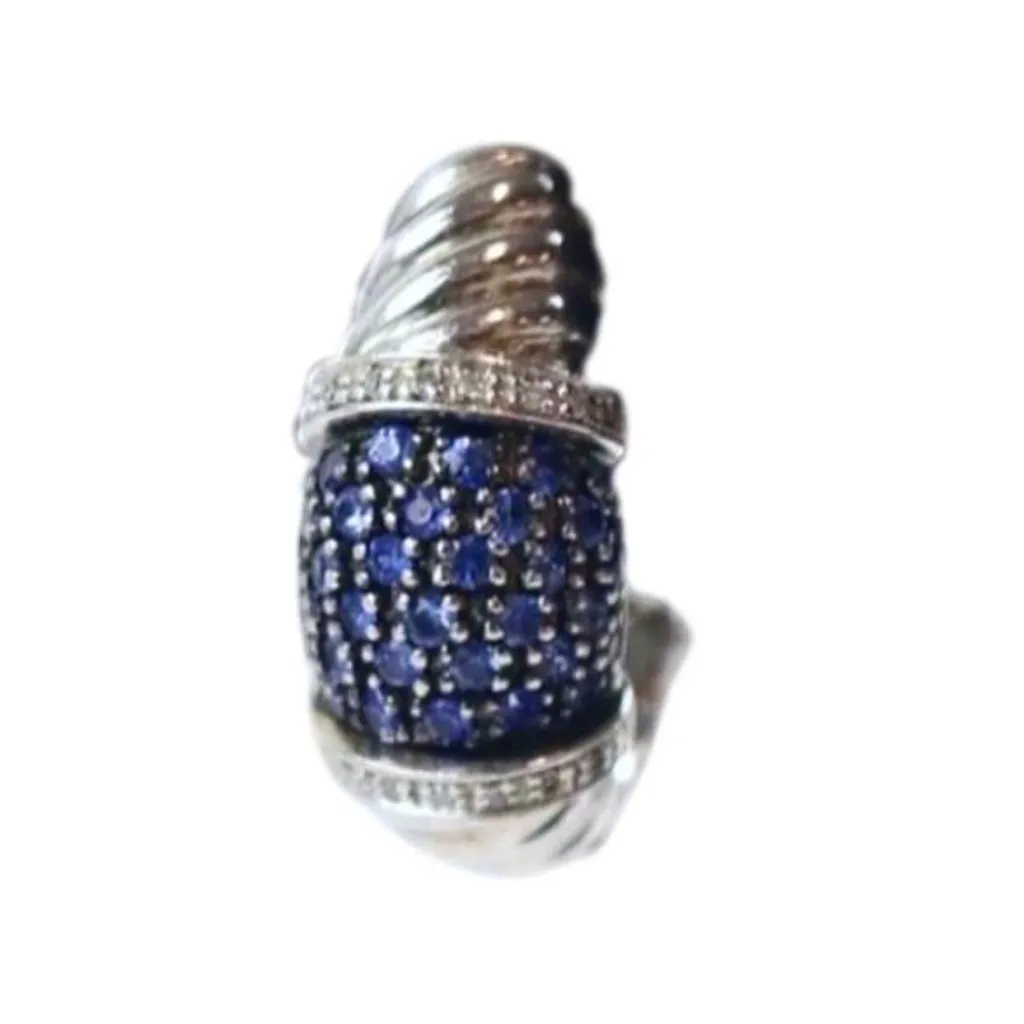 Blue Sapphire Diamond Accented Omega Back Sterling Silver Cable Design Earrings - Image 3