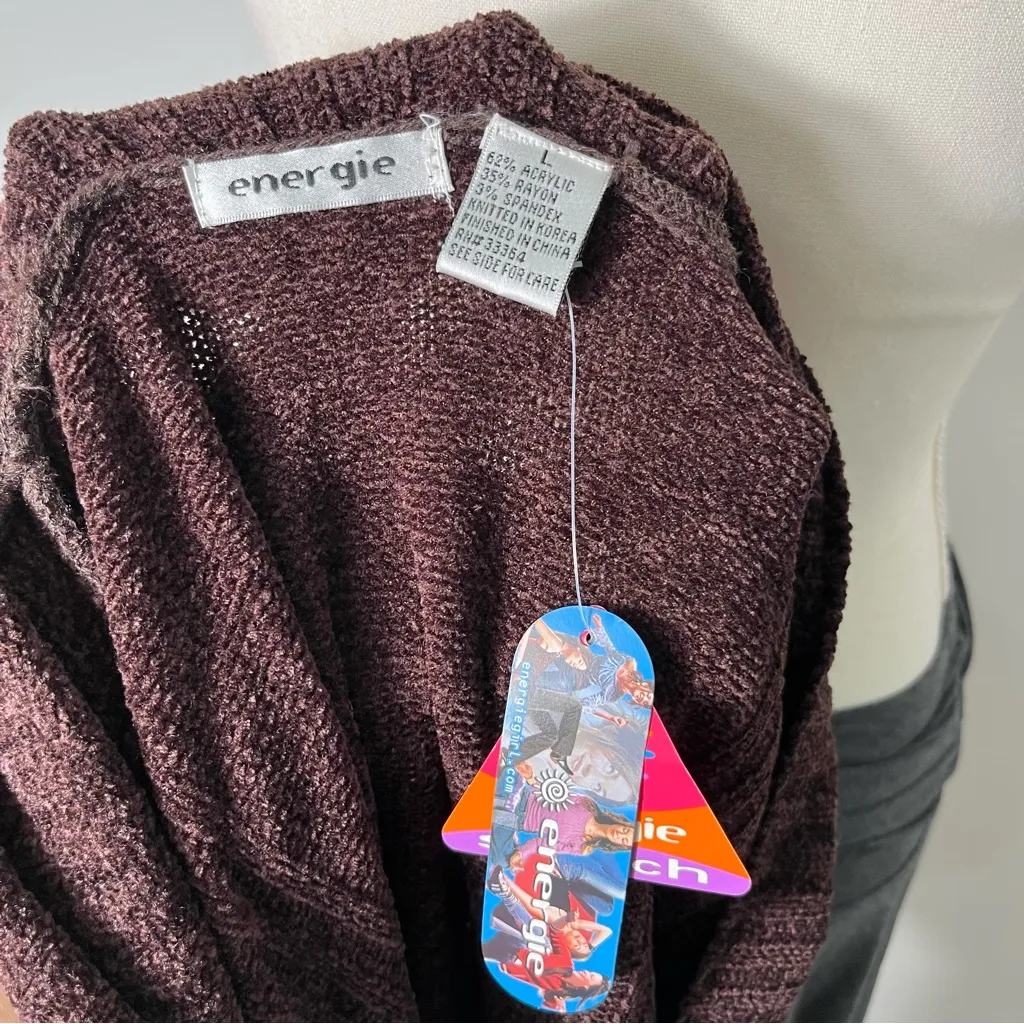 Energie Deadstock Vintage‎ Y2K Brown Chenille Shawl Neck Sweater Knit Medium - Image 5