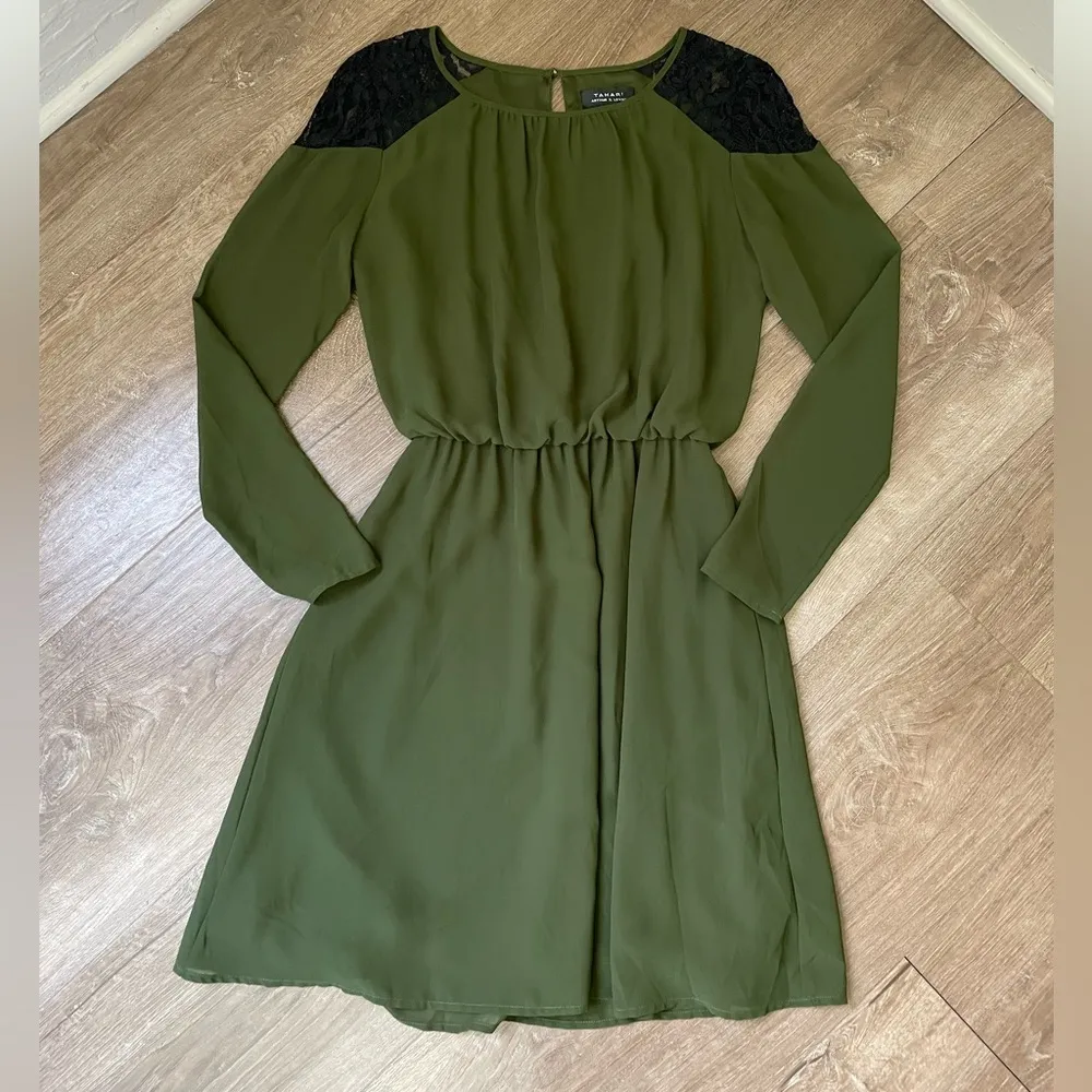 Tahari Green Long Sleeve Dress Black Lace Shoulder Arthur S. Levine ~ Size XS - Image 3