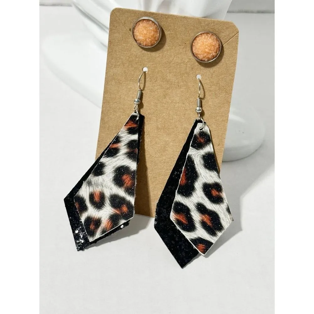 Geometric Vegan Leather Dangle & Crystal Round Earrings Peach & Black 2 Pairs‎ Black - Image 7