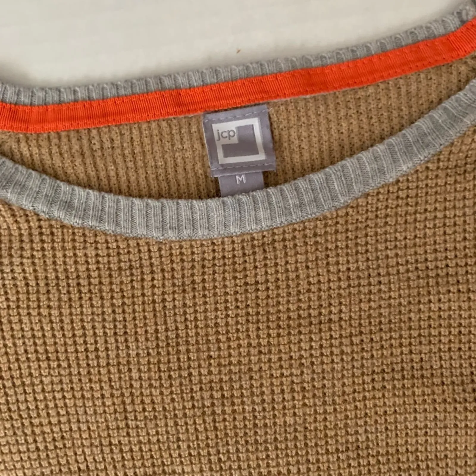 JCP Women’s M Cream Tan Wool Blend Crewneck Sweater Colorblock Elbow Patches Size M - Image 2