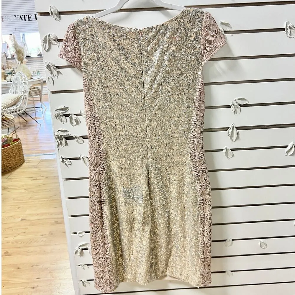 Kay Unger Embellished Sequin Cap Sleeve Lace Trim Mini Dress Beige Women's 12 - Image 8