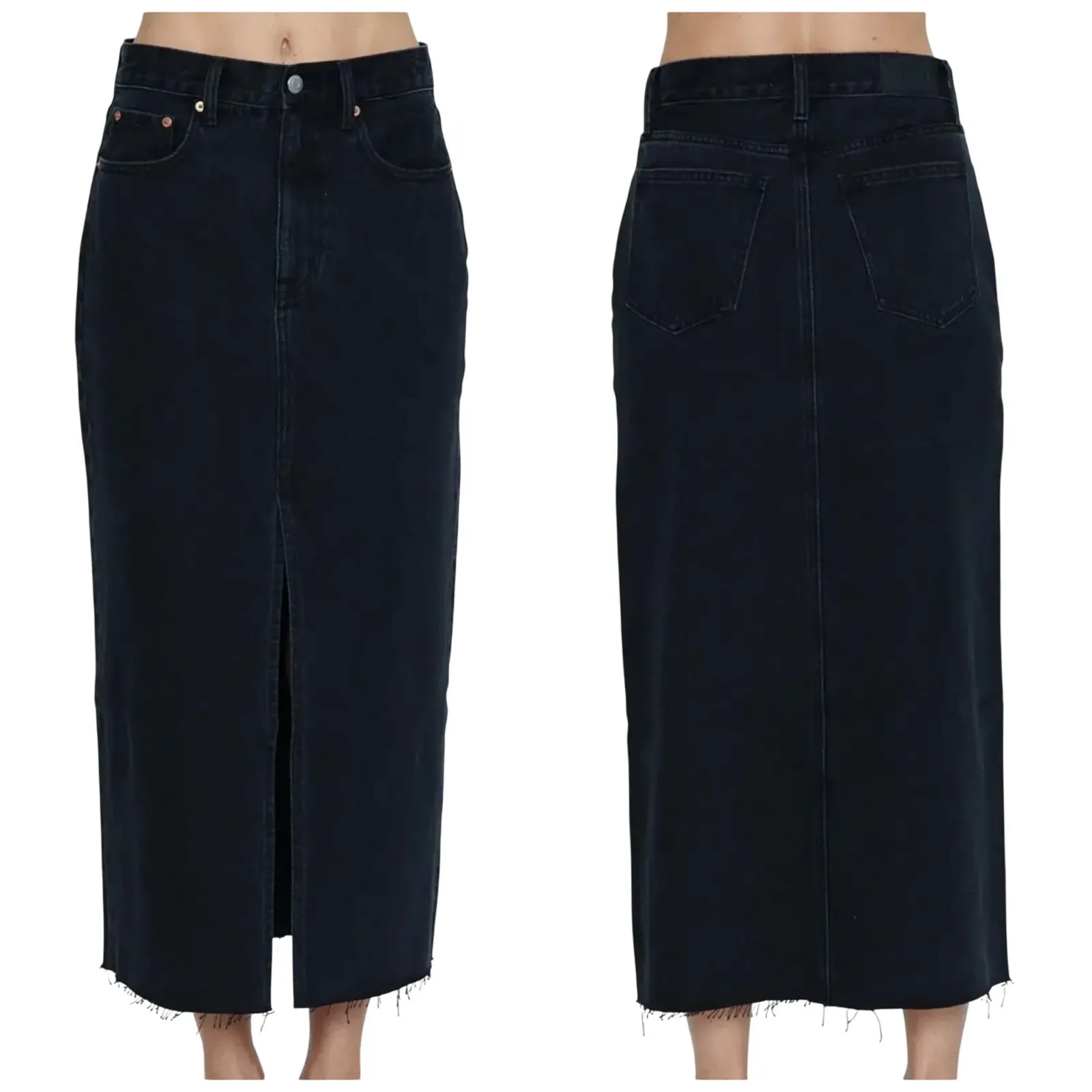 Pistola Alice Black Denim Midi Skirt 27" Front Slit Raw Hem Goth Emo Underground - Image 2