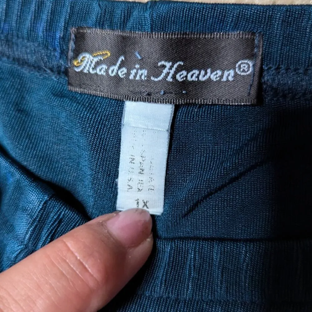 Vtg Y2K Made in Heaven Teal Blue Slinky Stretch Jersey Wide Leg Pull On Pants 1X - Image 3