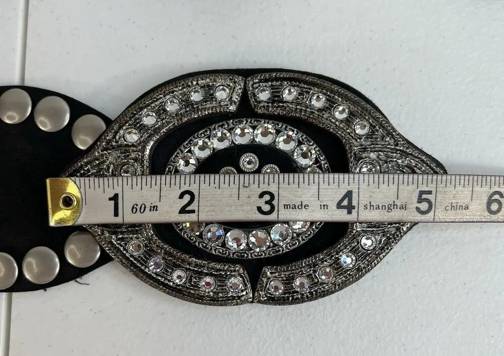 Leather Studded Belt Large 38 Bling Buckle Conch Style Black Silver Southwestern - Image 13