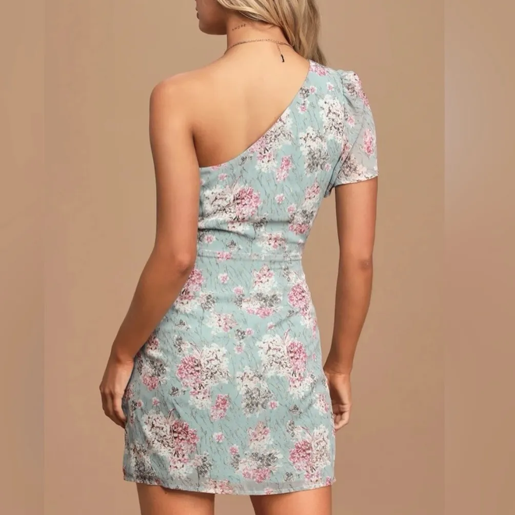 NWT Lulus Way‎ to Wow Dusty Blue Floral One Shoulder Faux-Wrap Dress LARGE - Image 4