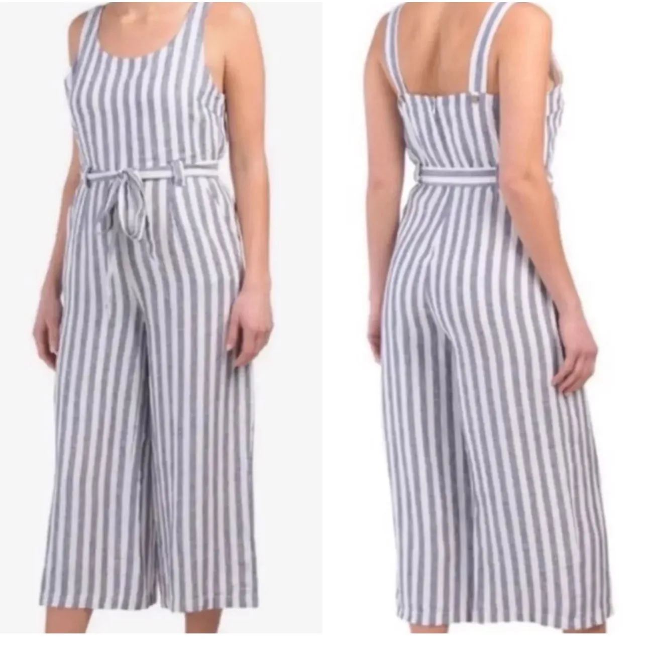 Rachel Zoe Linen Blend Jumpsuit Size 4 Blue White Stripe Belted Wide Leg - Image 2