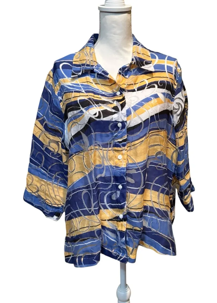 Allison Daley Blue and Yellow Button Down Abstract Blouse size XL petite - Image 1