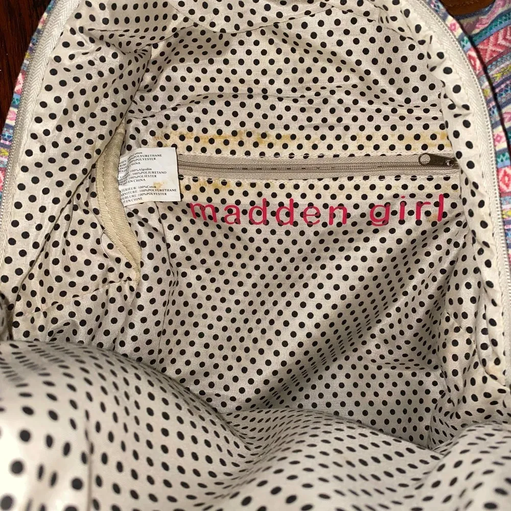 Boho Indie Striped Tribal Print Backpack Pink vegan leather trim - Image 5