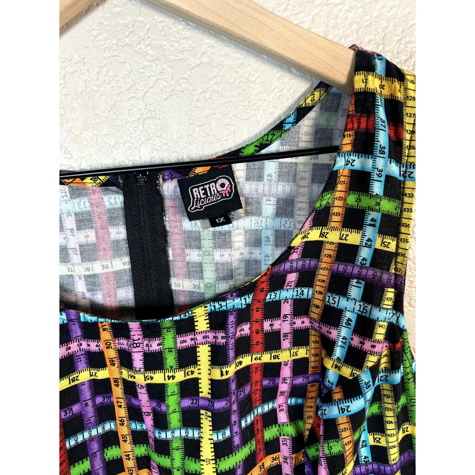 Retrolicious Measuring Tape Print Rainbow Teacher Fit and Flare Dress 1X Black - Image 2