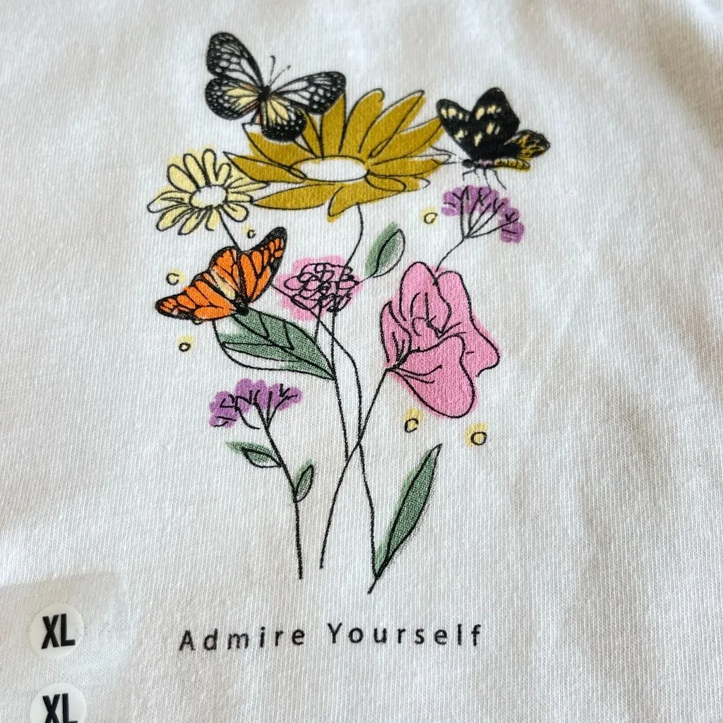 New Brisco Brands Admire Yourself Floral‎ TShirt Top Womens XL White Butterfly - Image 11