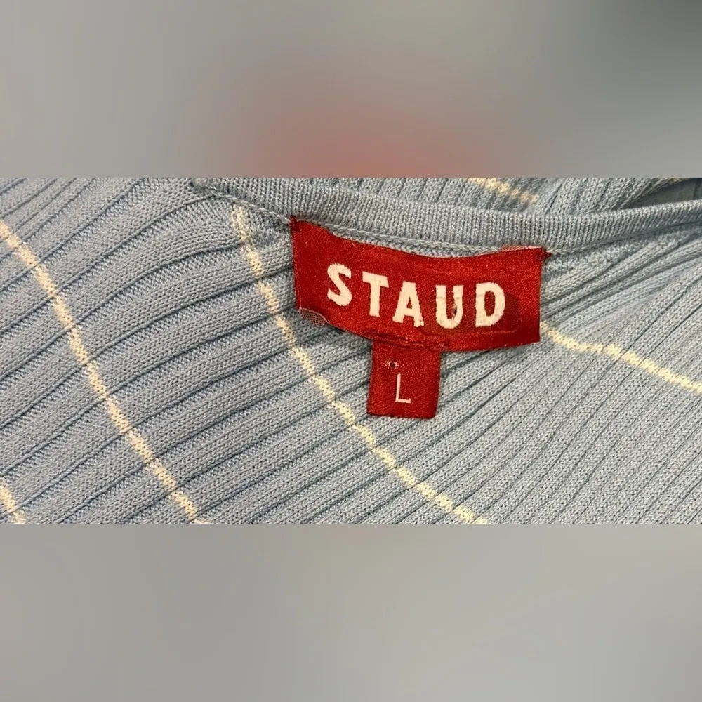 Staud Dana Ribbed Knit Light Blue / White Striped Sleeveless Midi Dress Large - Image 6