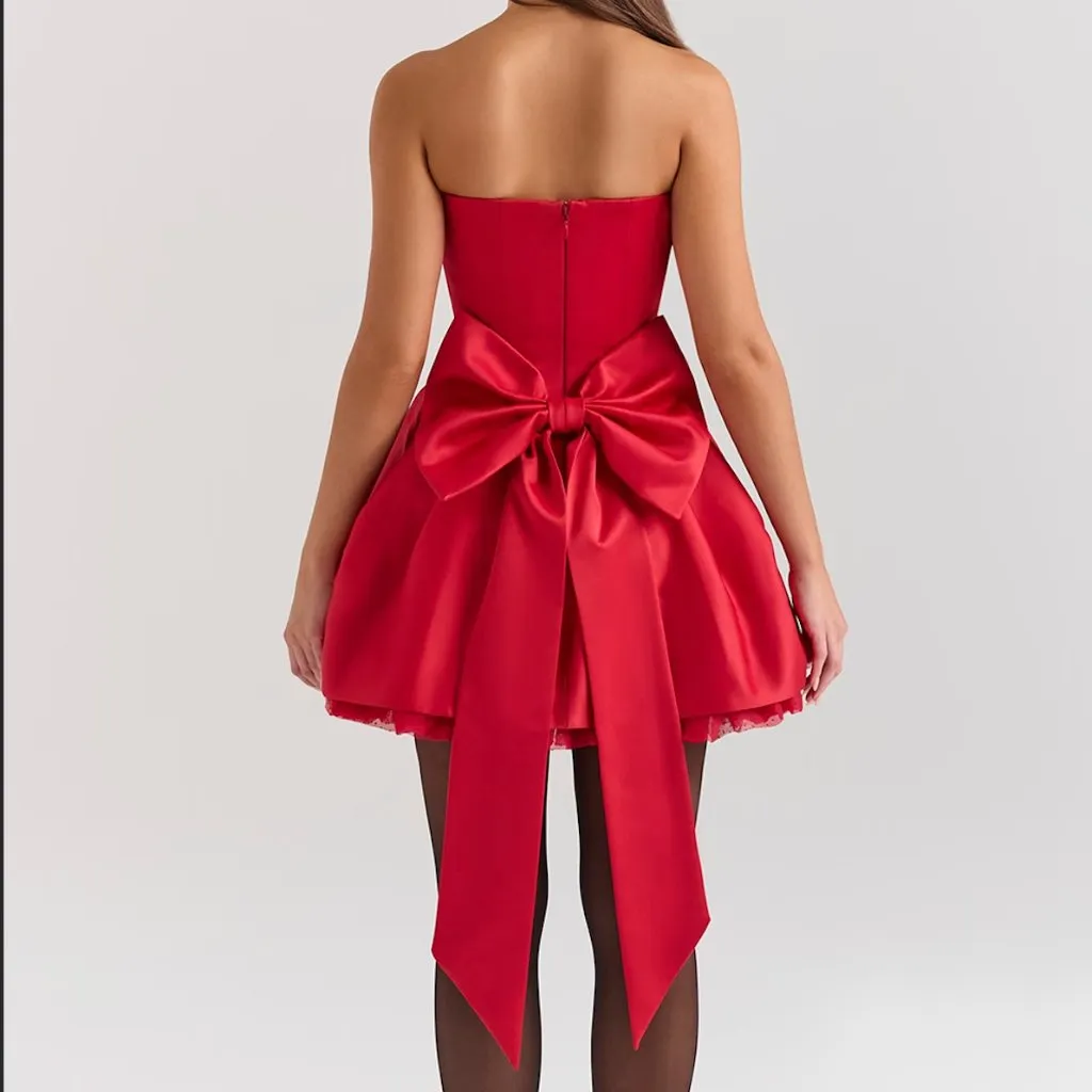NWT House of CB Salome holly red satin detachable bow mini dress - longer versio - Image 3