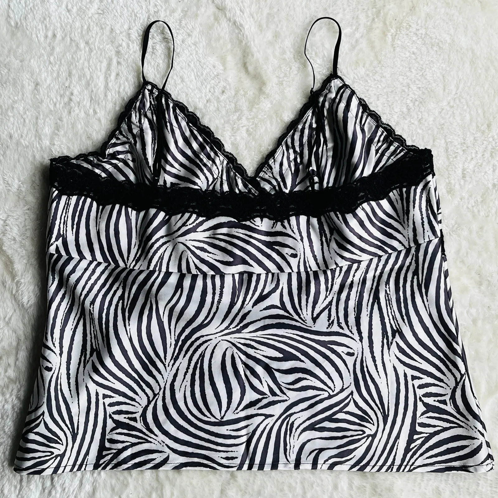 NWT VTG 90s Victor Carlini | Zebra Print Lace Trim Cami | XL | Going Out Top Black - Image 6