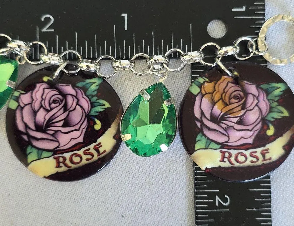 Vintage Rose Mother of Pearl and Teardrop Charms Silver Chain Bracelet Green - Image 11