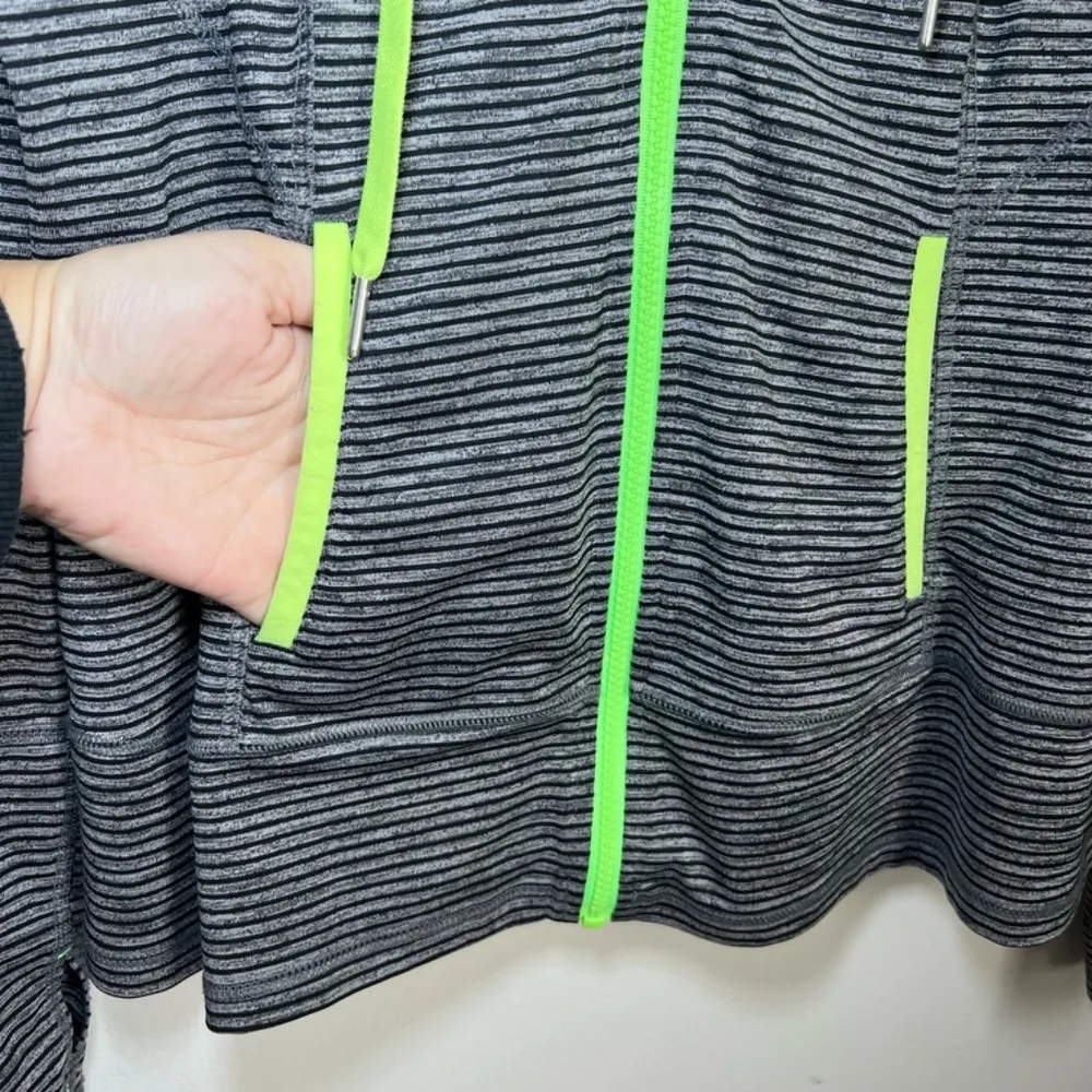 Lukka Womens Hooded Athletic Jacket Gray Black Stripe Neon Zip Thumb Holes Sz XL - Image 7