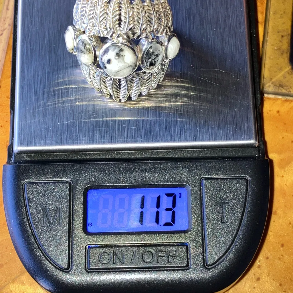 White Buffalo Turquoise Sterling Silver Feather Ring Size 9 Black - Image 9