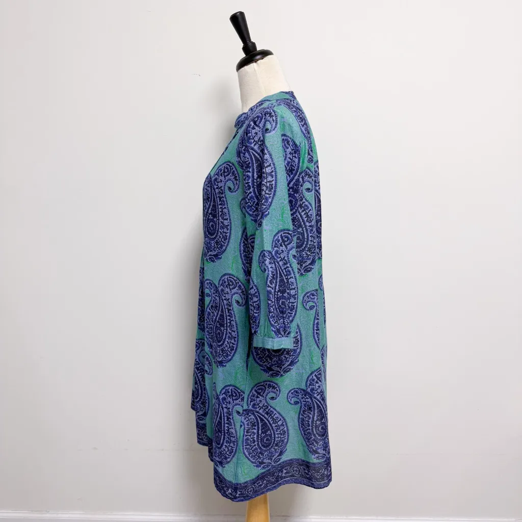 La Plage Blue Green Paisley Maybe Relaxed Fit 3/4 Sleeve Pintuck Dress Large - Image 3