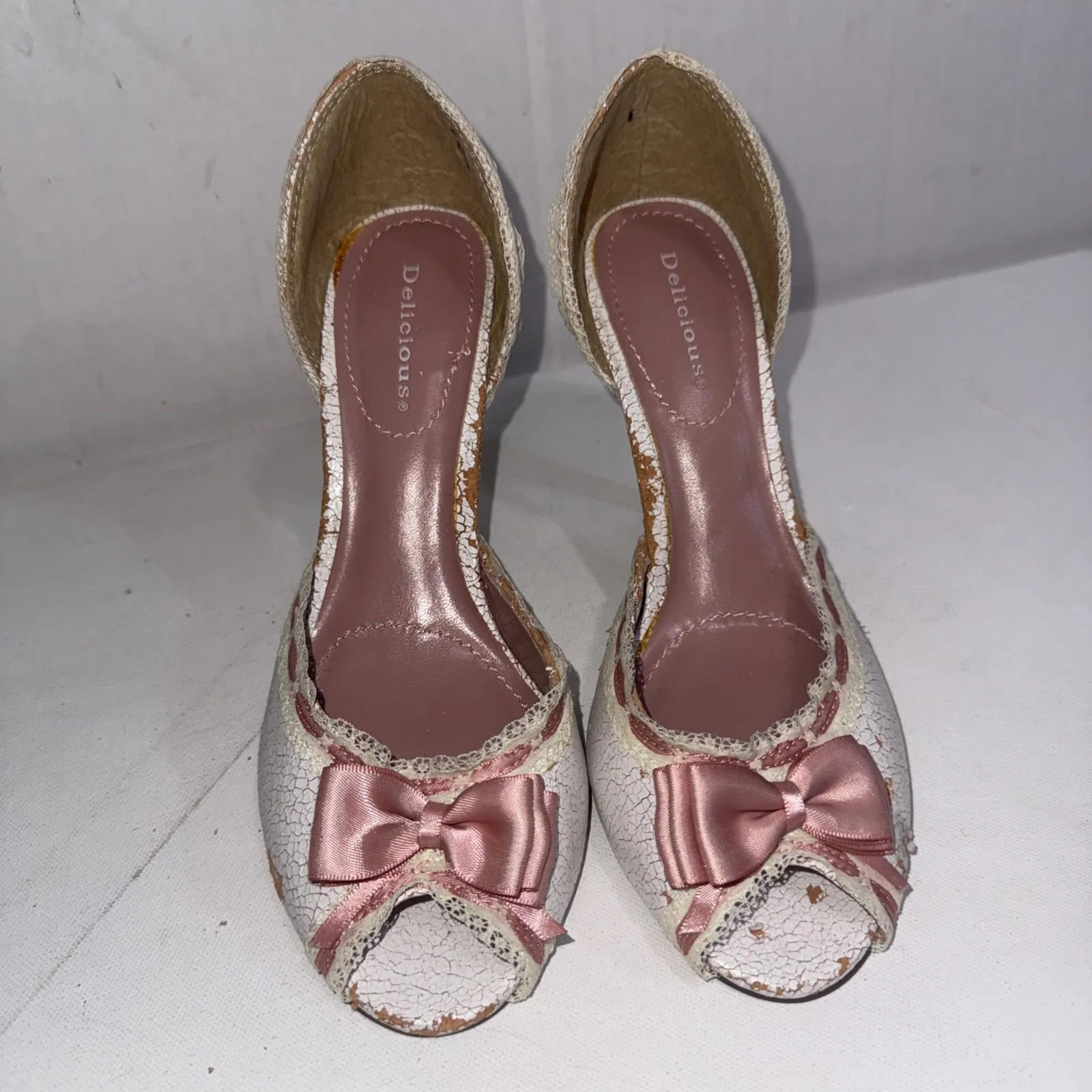 Y2K Delicious White Pink Lace Bows Ribbon Trim Stripper Peep Toe Pumps Size 9 - Image 3