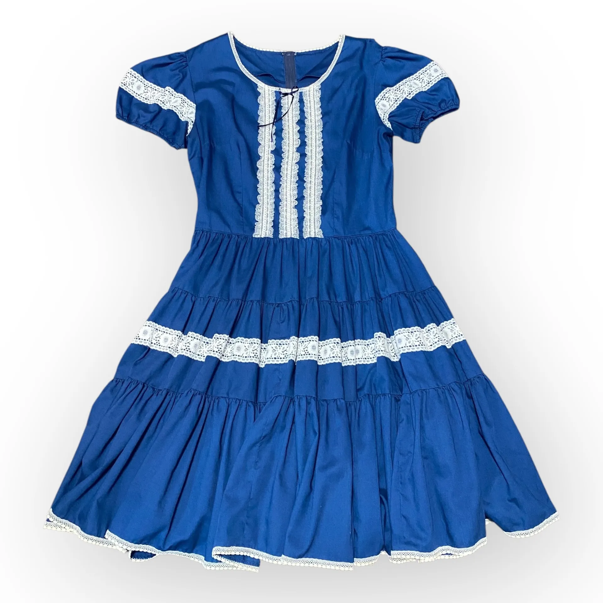 Kate Schorer Blue Pioneer Prairie Dress Size Medium Lace Trim Puff Sleeve VTG - Image 2