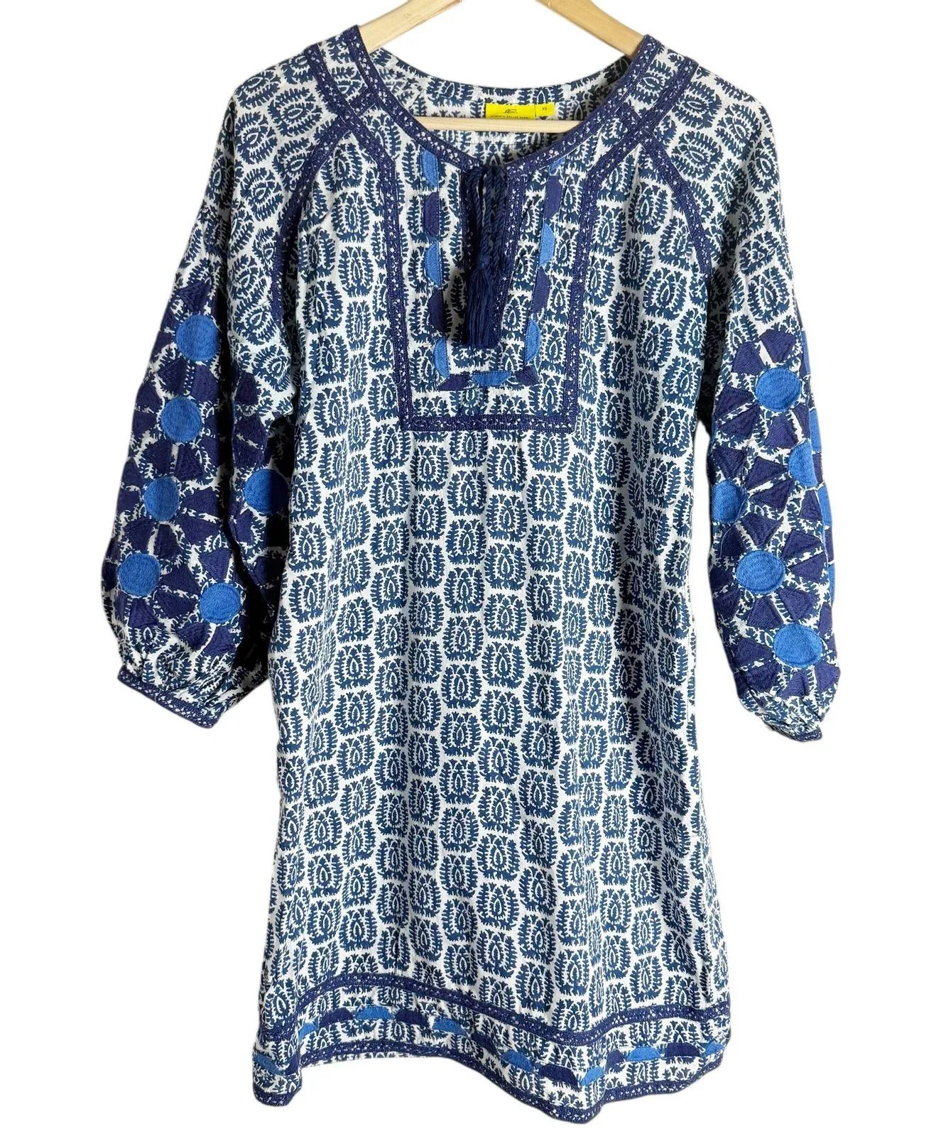 Roberta Roller Rabbit Blue Block Print Embroidered Long Sleeve Tassel Mini Dress - Image 1