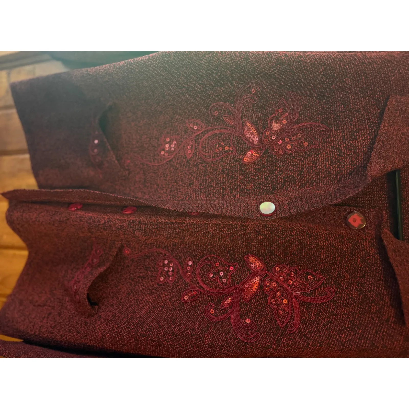 T C Fashion Red Knit Cardigan Sequined Embellished Button Down Pockets Size M Size M - Image 3