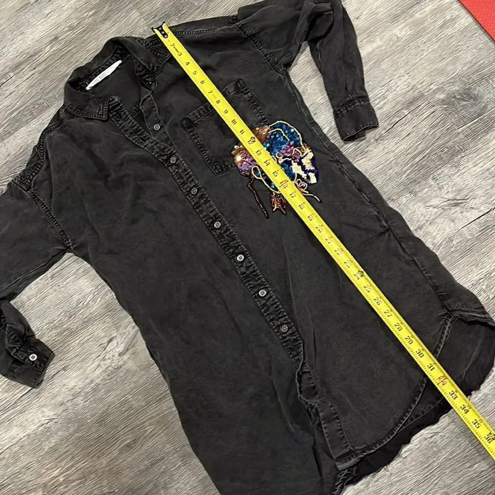 ZARA Embroidered Black Button-Up Shirt Dress XS-M $100 - Image 11