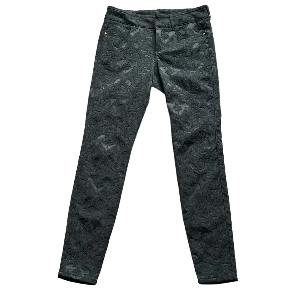 Sundance Floral Embroidered Jacquard Straight Leg  Black Pants Size 4 - Image 5