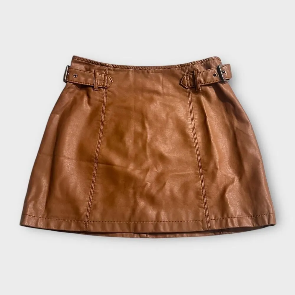 Free People Charli Mini Skirt Women's 0 Brown Vegan Leather Buckle Zip - Image 3
