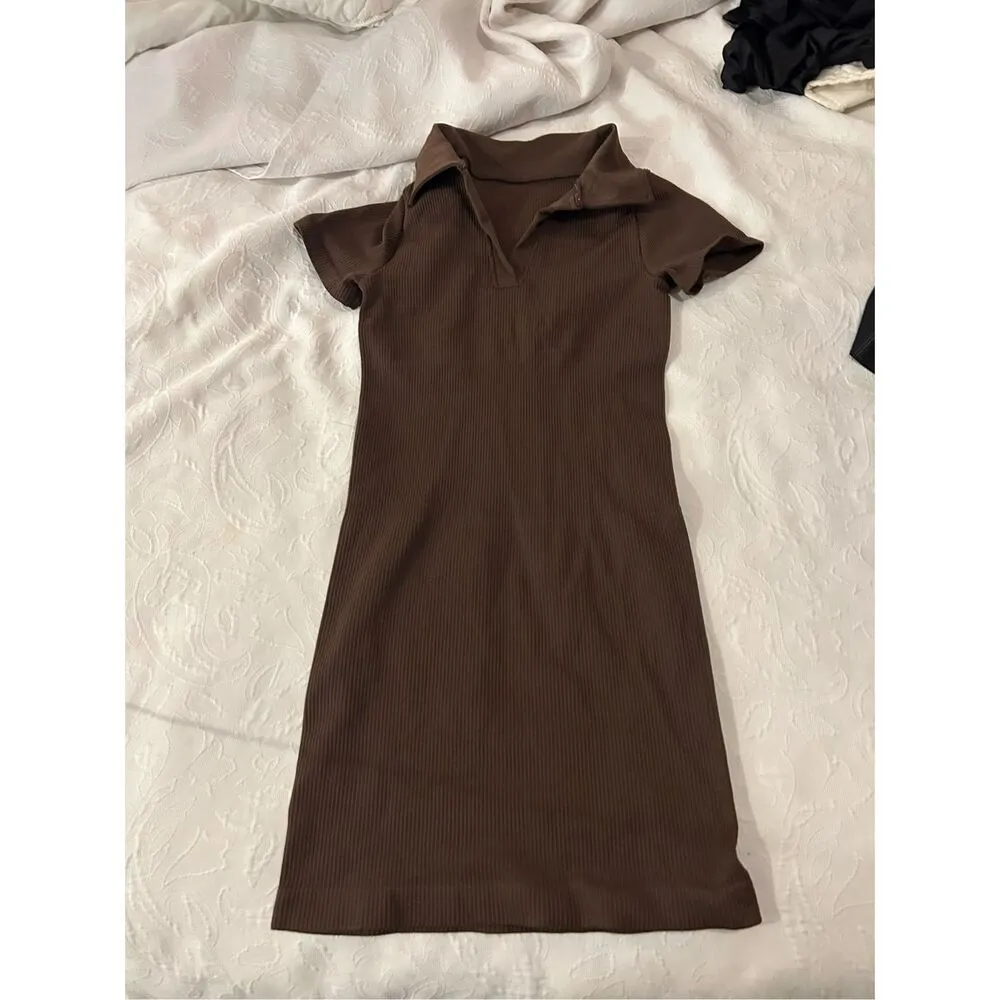 NEW Brown Ribbed Short Sleeve Tummy Control Bodycon Mini Dress S - Image 3
