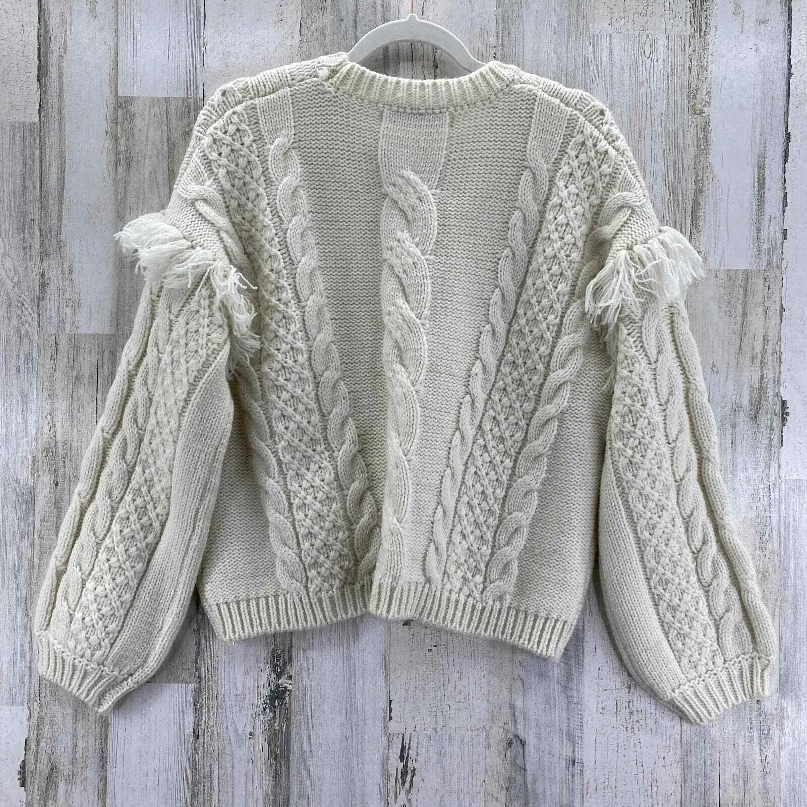 Cupcakes and Cashmere Boho Cozy Sweater Large Cream Cable Knit Fringe Wool Blend - Image 3