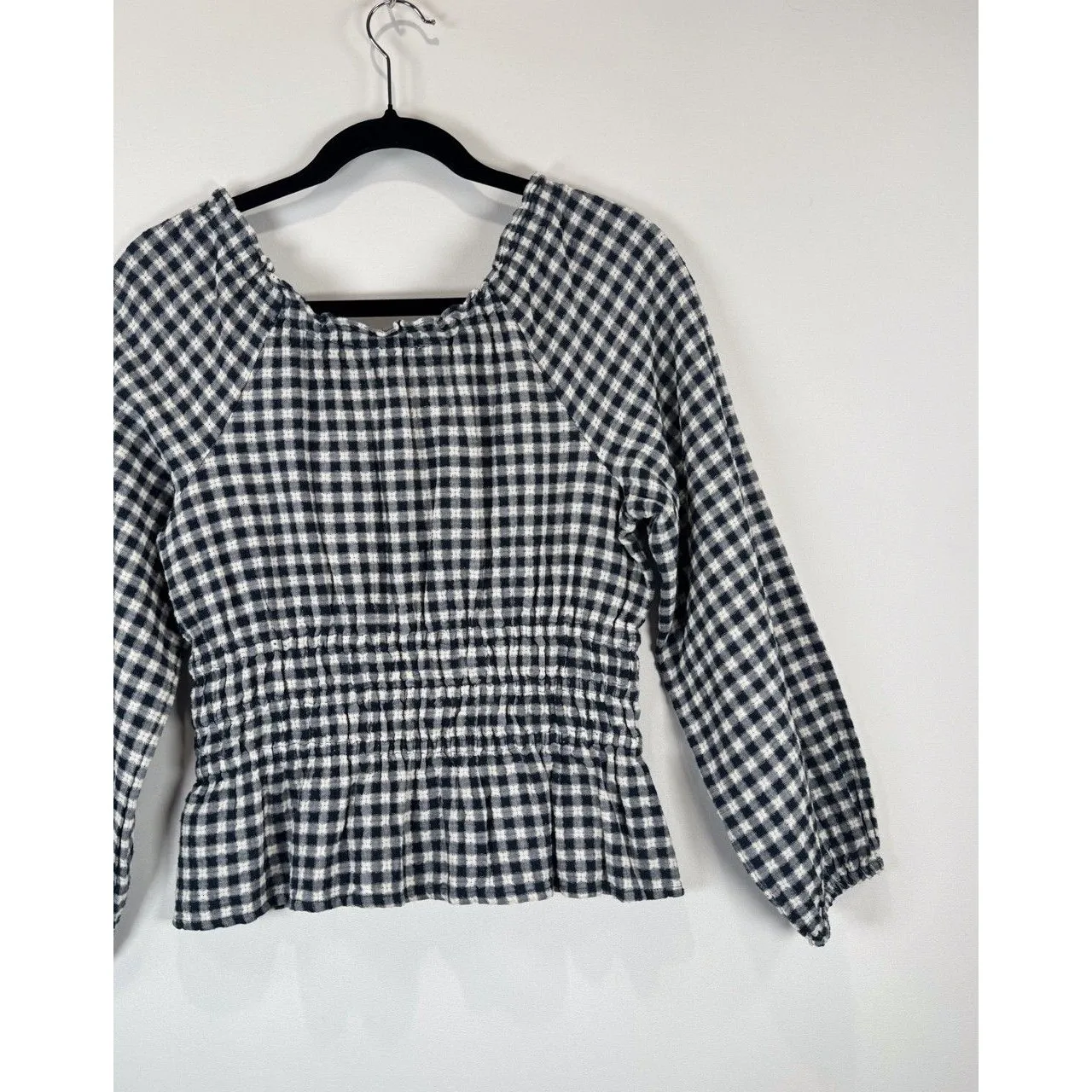 Madewell Womens Top Blue Sophie Textured Plaid Smocked Peplum Blouse Peasant XS - Image 9