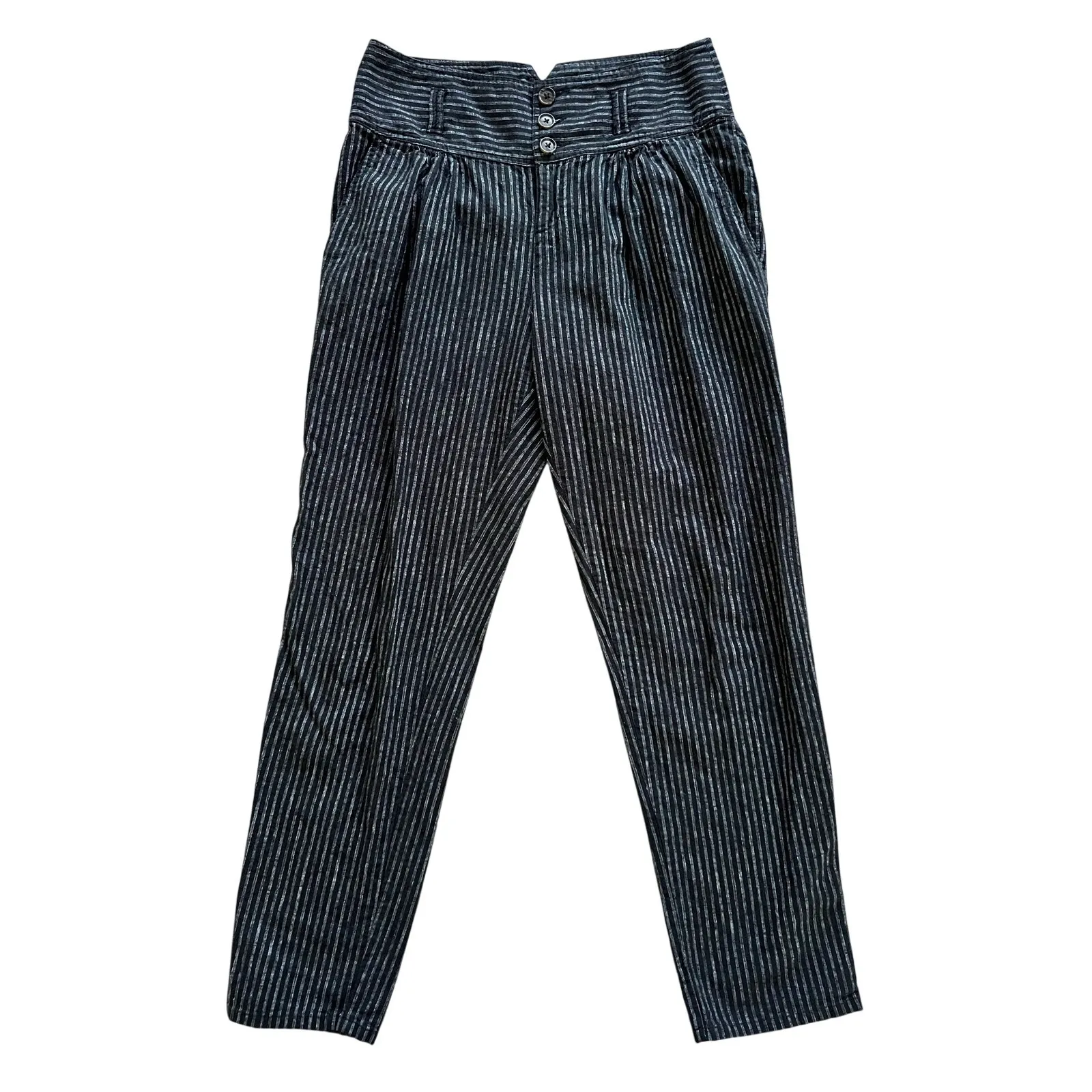 Sundance Amelia Trouser Pant Black White Pinstripe 4 Button Linen Cotton Blend - Image 4