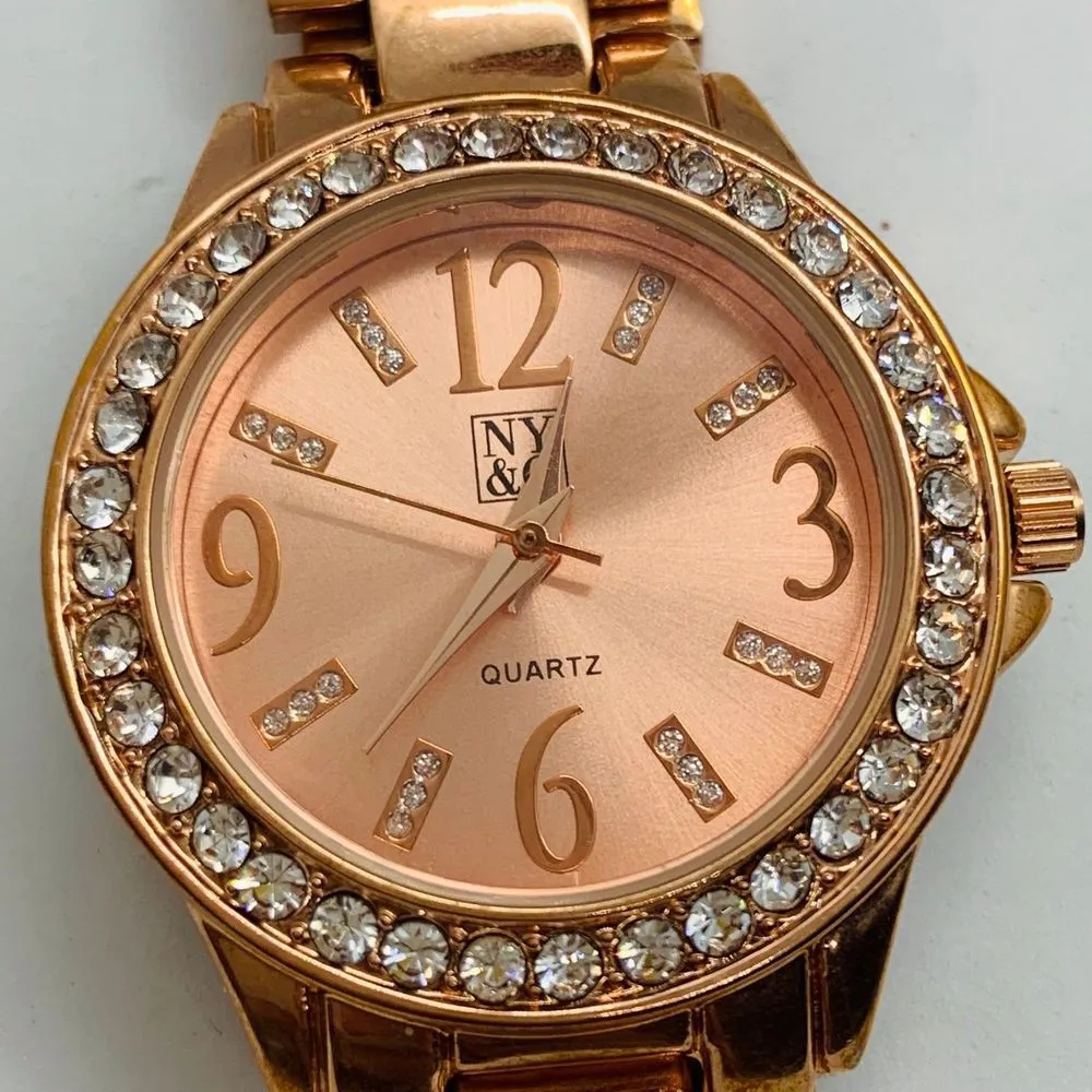Ny & co womens rose gold Quartz 32mm watch rhinestones 7.5” new battery - Image 2