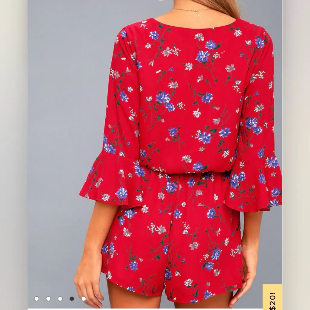 Lulus‎ Bronwen Red Floral Tie Waist Flounce Sleeve Romper SMALL - Image 4