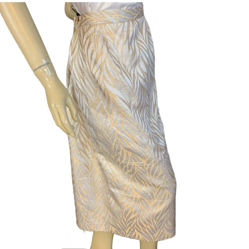 TERRAMINA CREAM & GOLD FOLIATE PRINT METALLIC THREADING MIDI PENCIL SKIRT (14) - Image 5