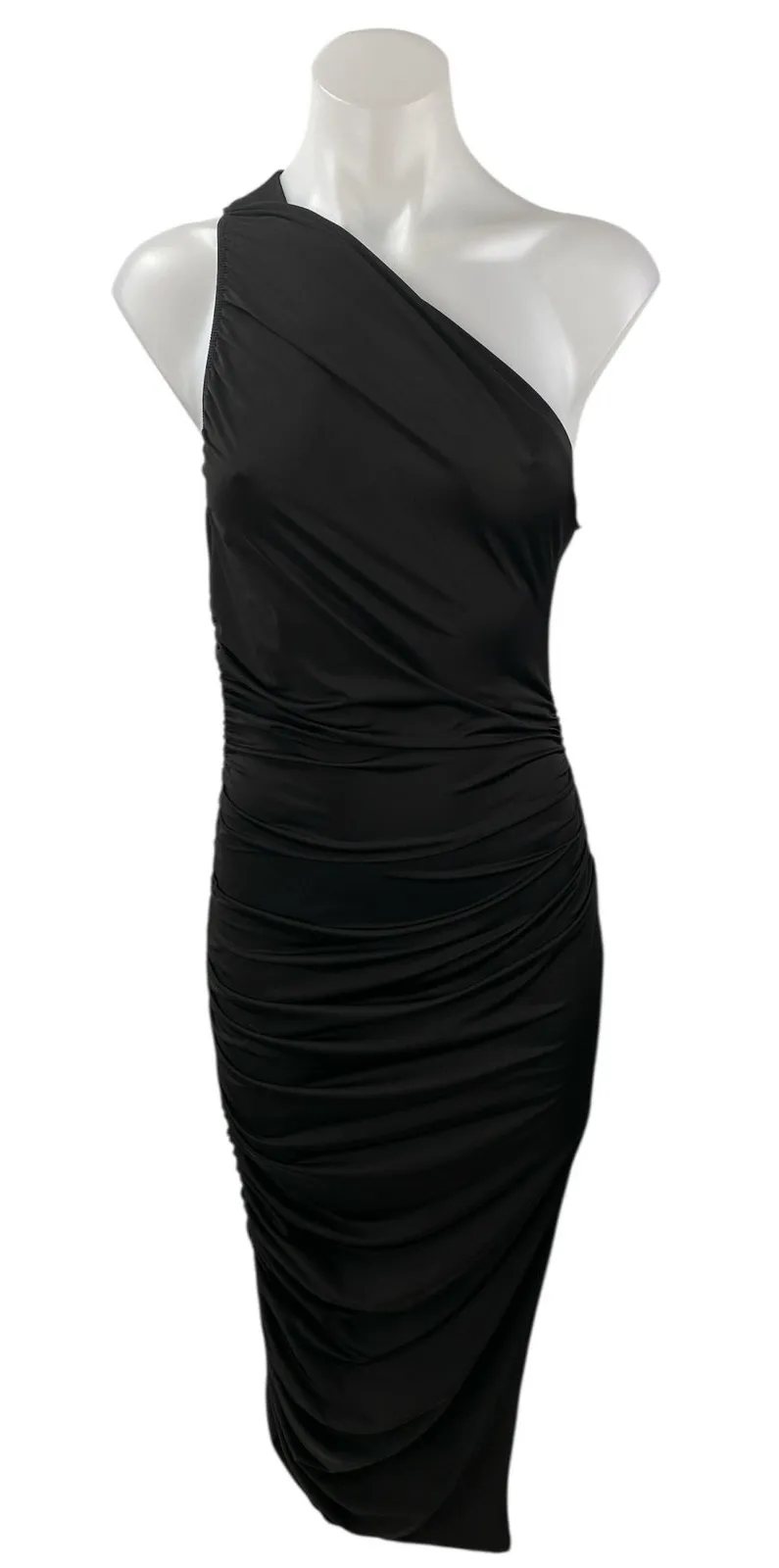 NEW Sincerely Jules Black Sleeveless One Shoulder Ruched Midi Bodycon Dress Sz M - Image 1