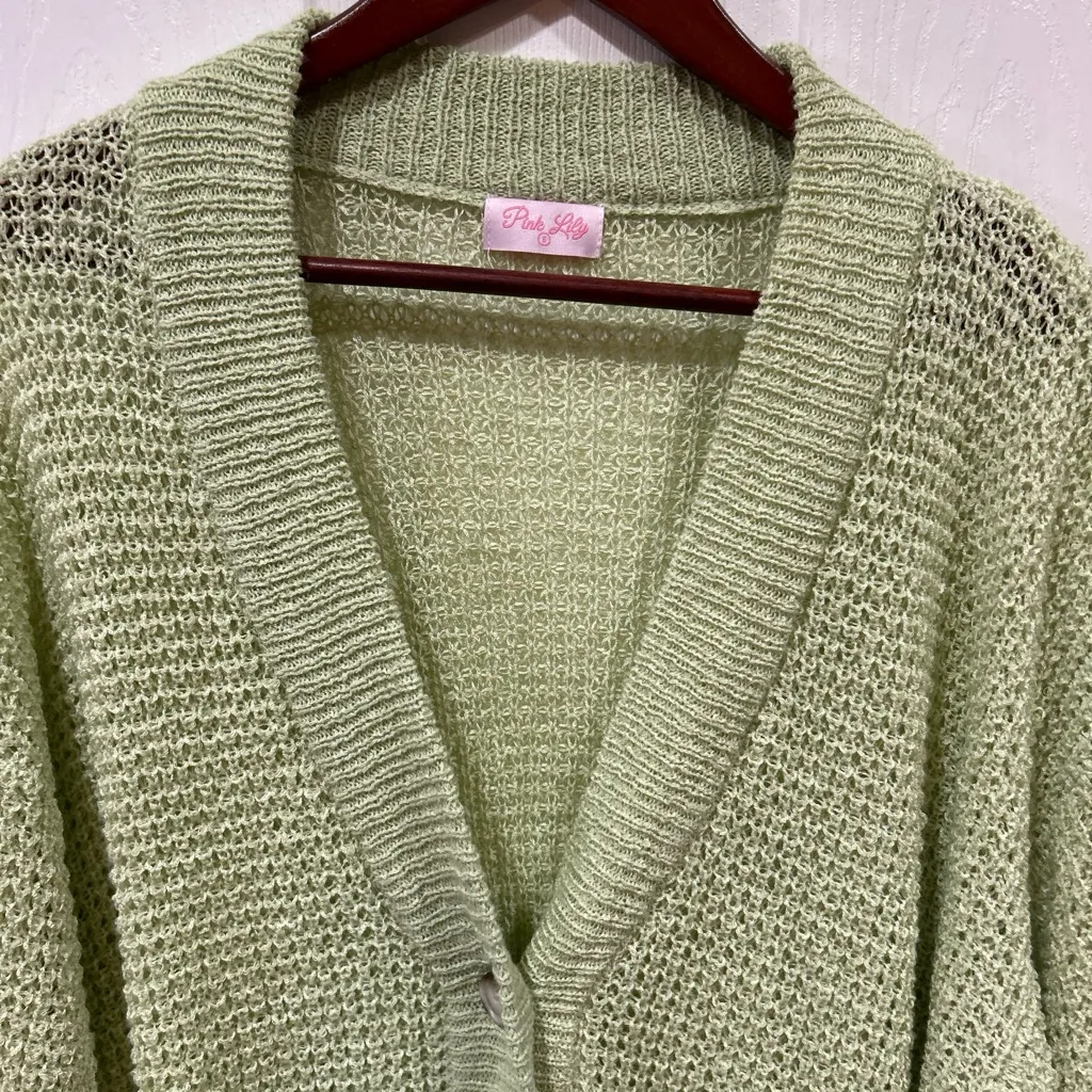 Pink Lily Light Green Button Cardigan – Oversized Small - Image 4
